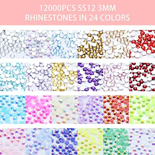 12000Pcs Nail Art Rhinestones Bulk Kit in 24 Colors, 3mm Colorful Flatback Jelly Nail Rainbow Gems Set for Crafts, Tumblers, Jewelry Making