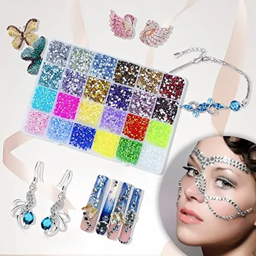 12000Pcs Nail Art Rhinestones Bulk Kit in 24 Colors, 3mm Colorful Flatback Jelly Nail Rainbow Gems Set for Crafts, Tumblers, Jewelry Making