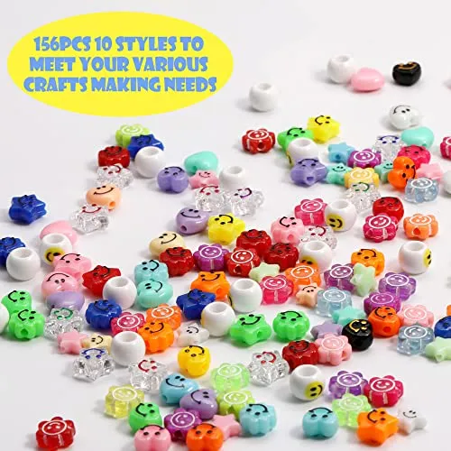 156Pcs Smiley Face Beads for Bracelets Jewelry Necklets Making Kit, Sunflower Heart Shape Star Smile Happy Face Preppy Colorful Cute Kawaii Clear Acrylic Resinous Beads Set for Hair Braids Crafts