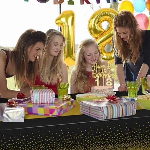 18th Birthday Decorations for Boys Girls with 18th Birthday Banner, Black and Gold Table Cloth, 18 Number Balloons, 18th Birthday Sash, 18th Birthday Cake Topper and 18th Birthday Candles