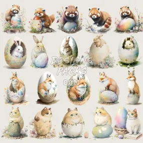 20 Easter Cute Animals Eggs Designs Bundle PNG