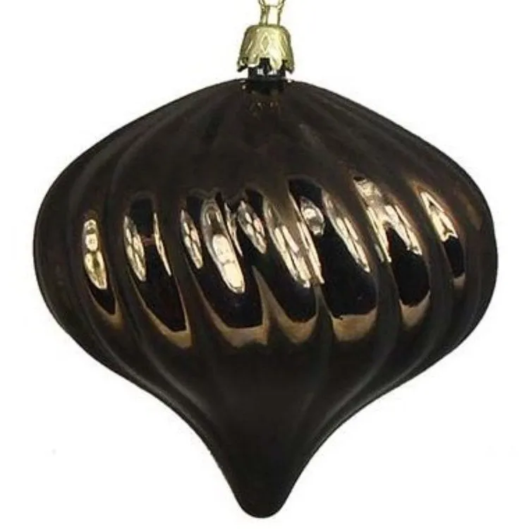 4" Chocolate Brown Shatterproof Shiny Swirl Onion Drop Christmas Ornaments Set of 4
