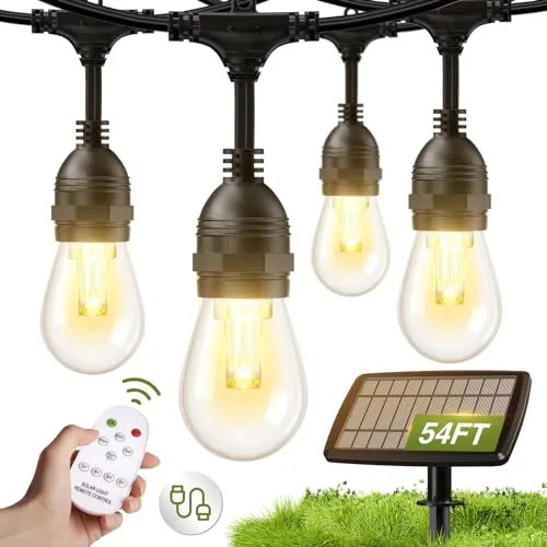 addlon 54FT(48 6) Solar String Lights Outdoor Waterproof with USB Port & Remote Control Dimmable Solar Patio Lights IP65 Solar Powered Edison LED Bulbs for Outside Bistro Camping