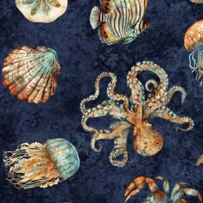 Blue Mediterranean Sea Creature Toss 44"/45" Fabric Per Yard