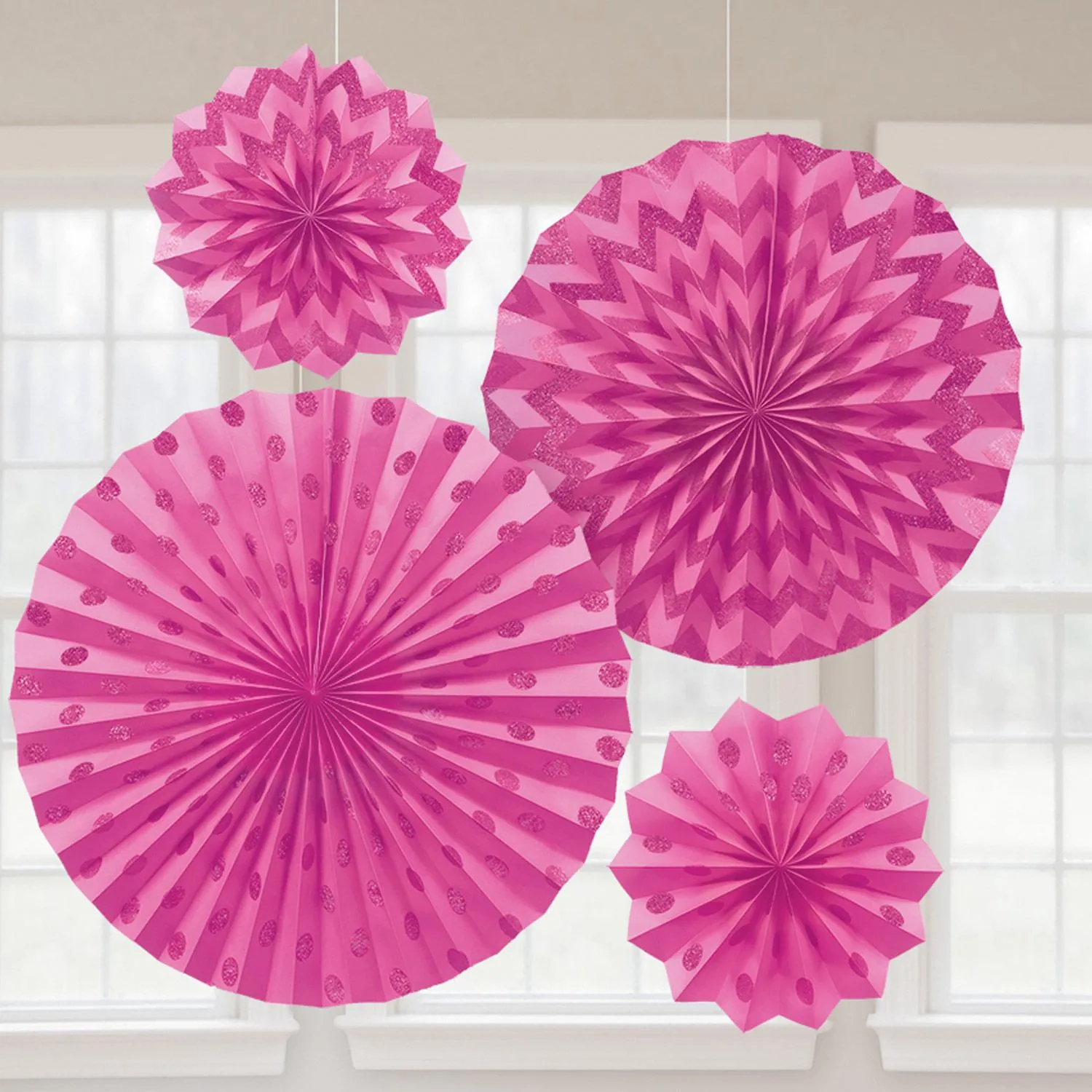 Bright Pink Glitter Paper Fans 4pcs