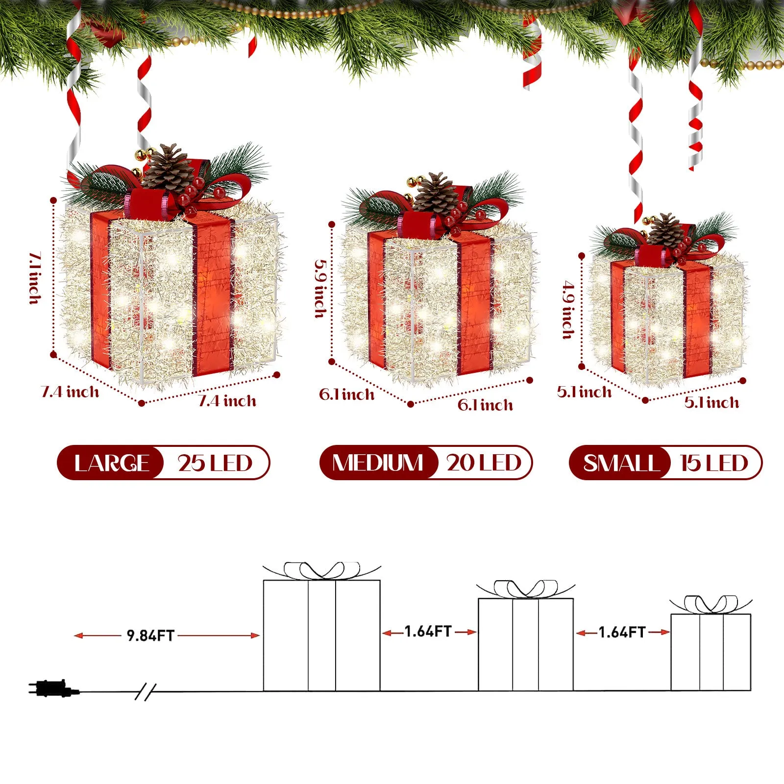 Christmas Lighted Boxes Decorations, Quntis 8 Modes 3 Lighted Boxes with Plug, Bows, Pine Cones, Gift Boxes Christmas Decorations for Christmas Tree Indoor/Outdoor