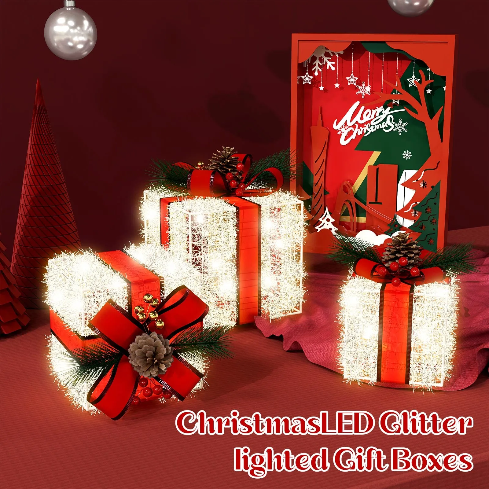 Christmas Lighted Boxes Decorations, Quntis 8 Modes 3 Lighted Boxes with Plug, Bows, Pine Cones, Gift Boxes Christmas Decorations for Christmas Tree Indoor/Outdoor