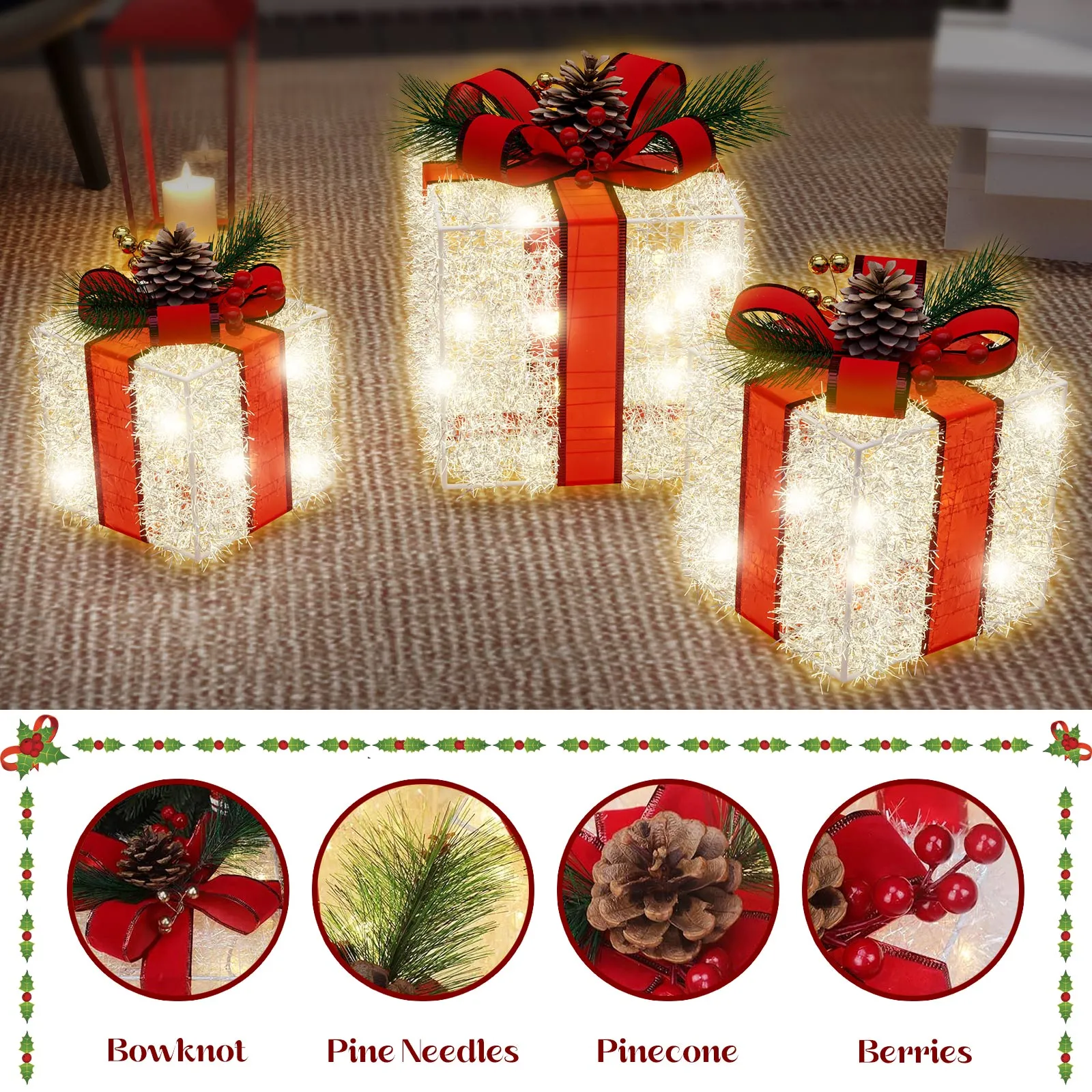Christmas Lighted Boxes Decorations, Quntis 8 Modes 3 Lighted Boxes with Plug, Bows, Pine Cones, Gift Boxes Christmas Decorations for Christmas Tree Indoor/Outdoor