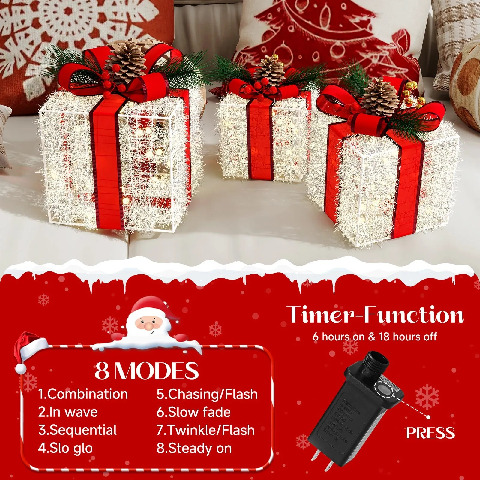 Christmas Lighted Boxes Decorations, Quntis 8 Modes 3 Lighted Boxes with Plug, Bows, Pine Cones, Gift Boxes Christmas Decorations for Christmas Tree Indoor/Outdoor