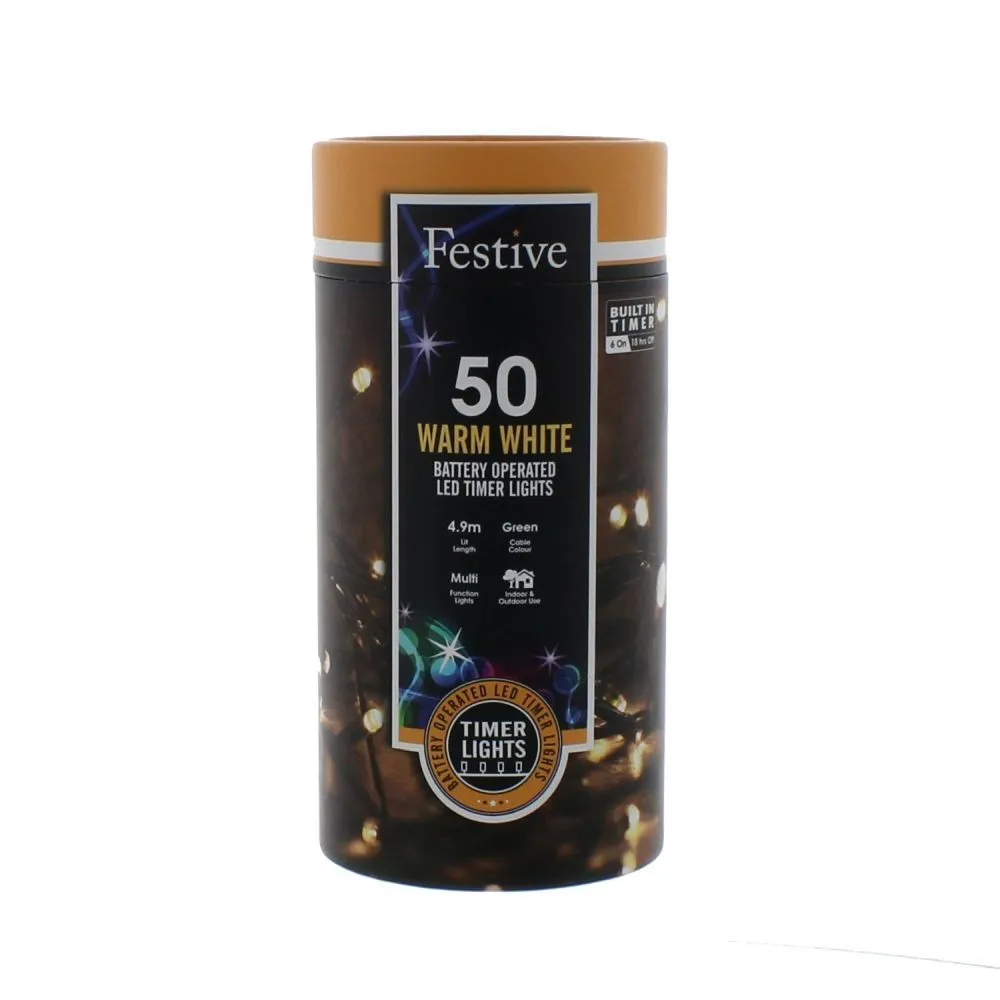 Festive 50 Warm White LED Battery Operated String Lights