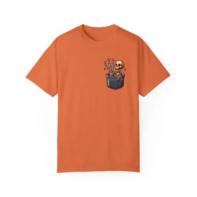 Funny Skeleton in a Pocket Cotton Tee Three Fingers