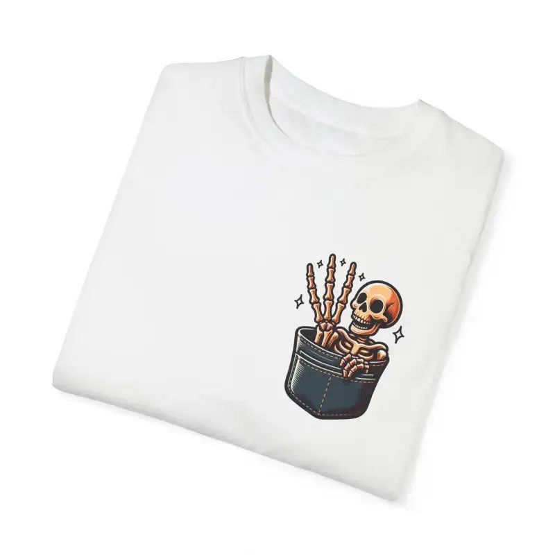 Funny Skeleton in a Pocket Cotton Tee Three Fingers