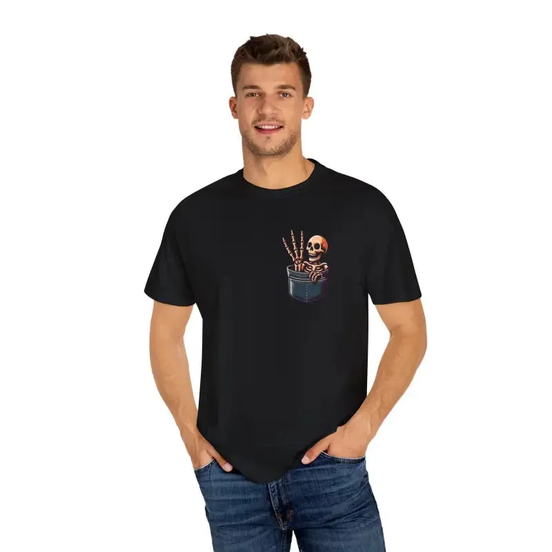 Funny Skeleton in a Pocket Cotton Tee Three Fingers