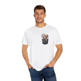 Funny Skeleton in a Pocket Cotton Tee Three Fingers