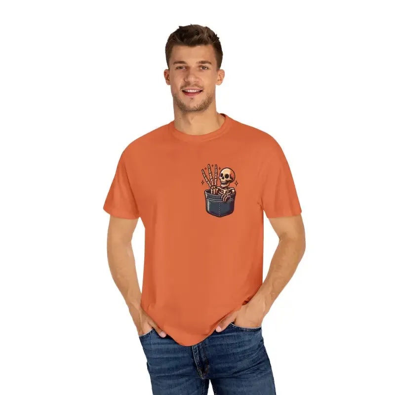 Funny Skeleton in a Pocket Cotton Tee Three Fingers