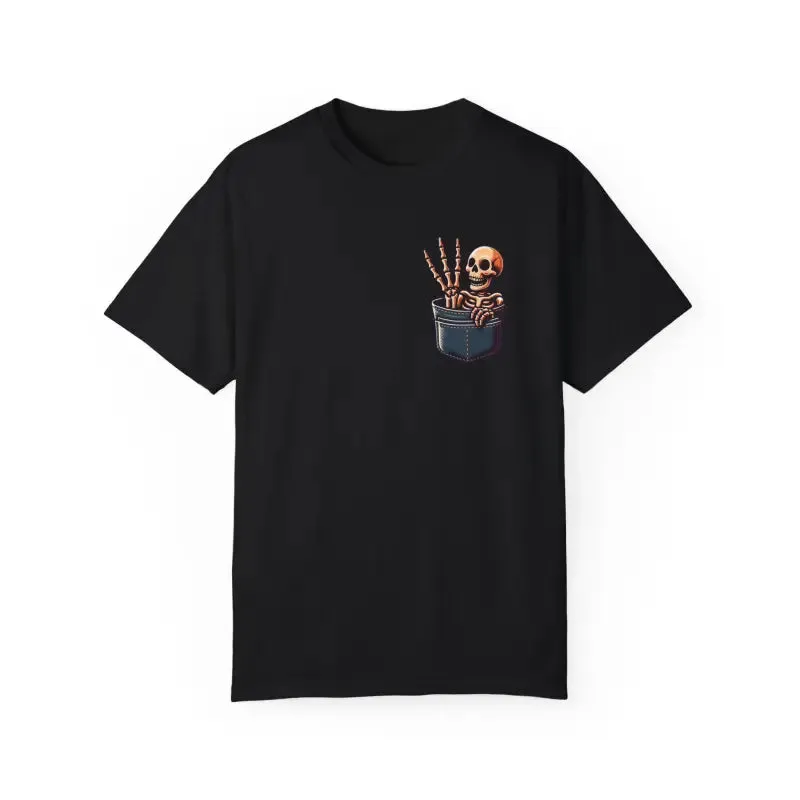 Funny Skeleton in a Pocket Cotton Tee Three Fingers