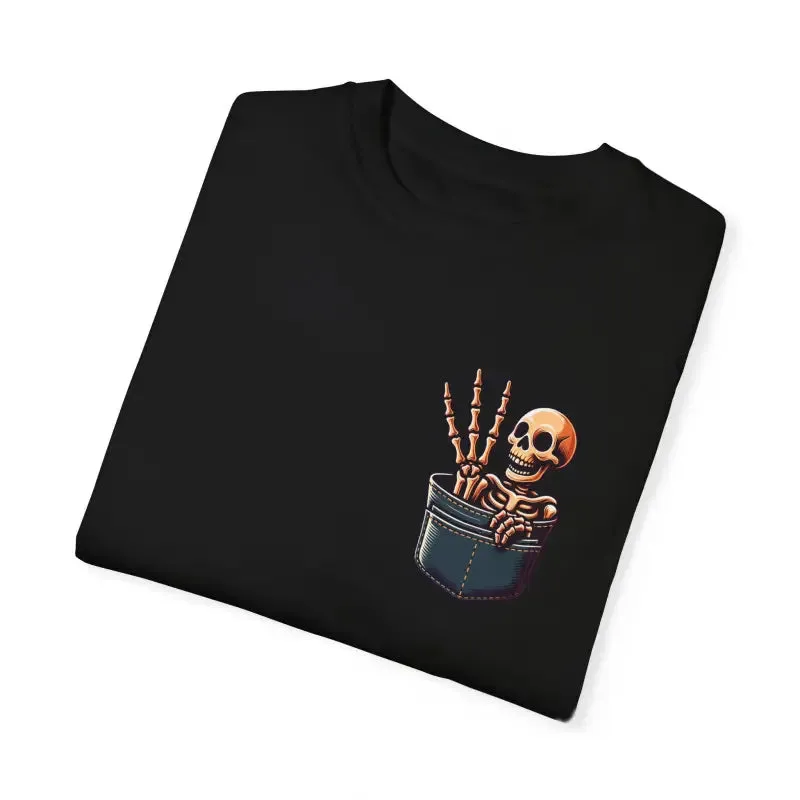 Funny Skeleton in a Pocket Cotton Tee Three Fingers