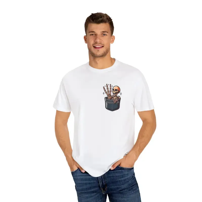 Funny Skeleton in a Pocket Cotton Tee Three Fingers