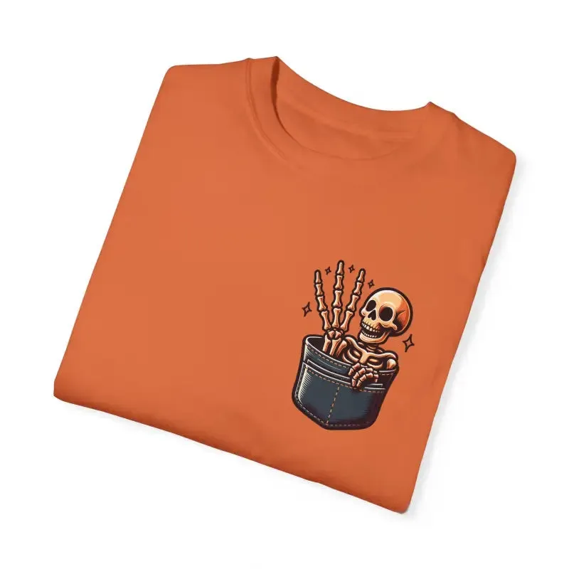 Funny Skeleton in a Pocket Cotton Tee Three Fingers