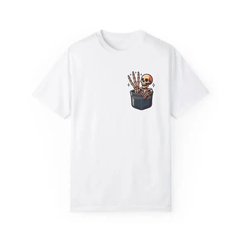 Funny Skeleton in a Pocket Cotton Tee Three Fingers