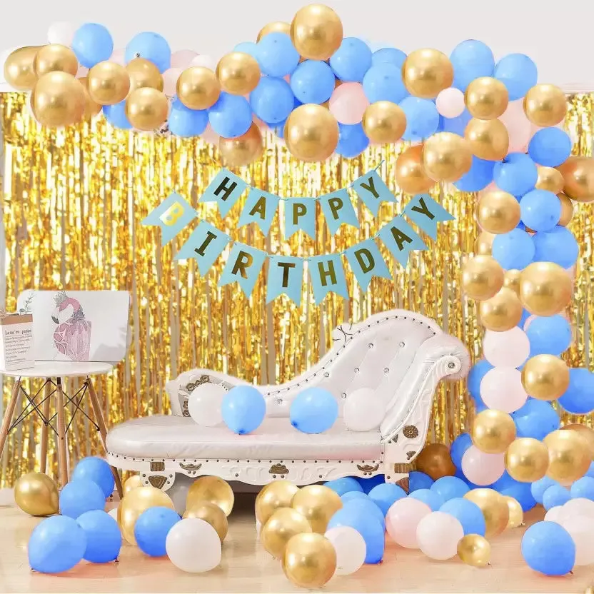 Happy Birthday Blue Banner 30 Pc Metallic Balloon 2 Shiny Golden Fringe Balloon (Blue, White, Gold, Pack of 45)