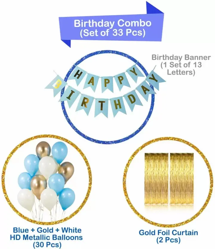 Happy Birthday Blue Banner 30 Pc Metallic Balloon 2 Shiny Golden Fringe Balloon (Blue, White, Gold, Pack of 45)