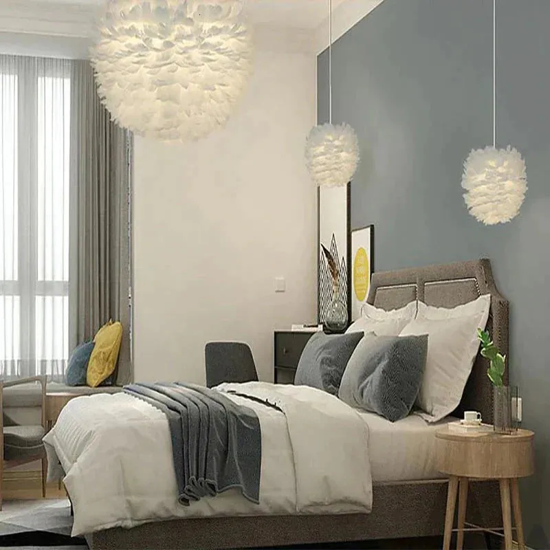 Loft Modern White Nature Goose Feather Pendant Lights Romantic E27 Led Pendant Lamps For Home Restaurant Bedroom Living Room