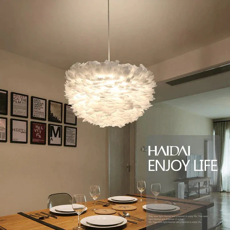 Loft Modern White Nature Goose Feather Pendant Lights Romantic E27 Led Pendant Lamps For Home Restaurant Bedroom Living Room
