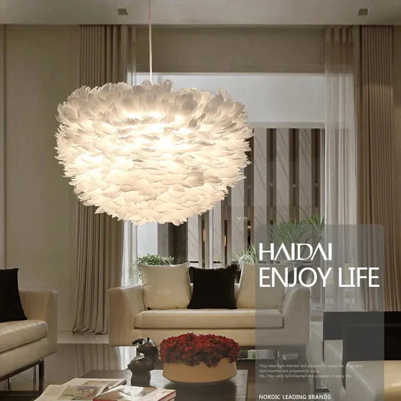 Loft Modern White Nature Goose Feather Pendant Lights Romantic E27 Led Pendant Lamps For Home Restaurant Bedroom Living Room