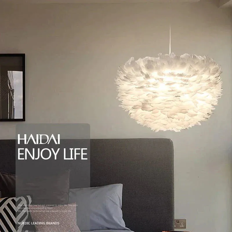 Loft Modern White Nature Goose Feather Pendant Lights Romantic E27 Led Pendant Lamps For Home Restaurant Bedroom Living Room