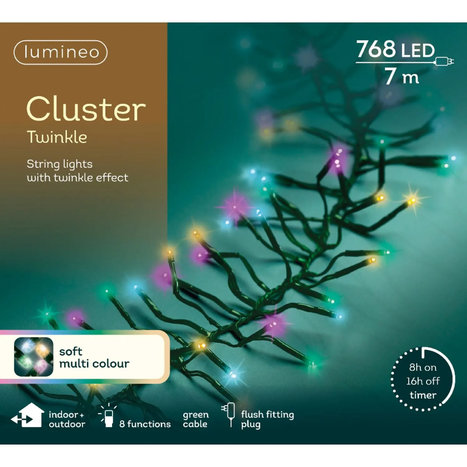 Lumineo 7m Soft Multi-Coloured Twinkle Effect LED Cluster Lights