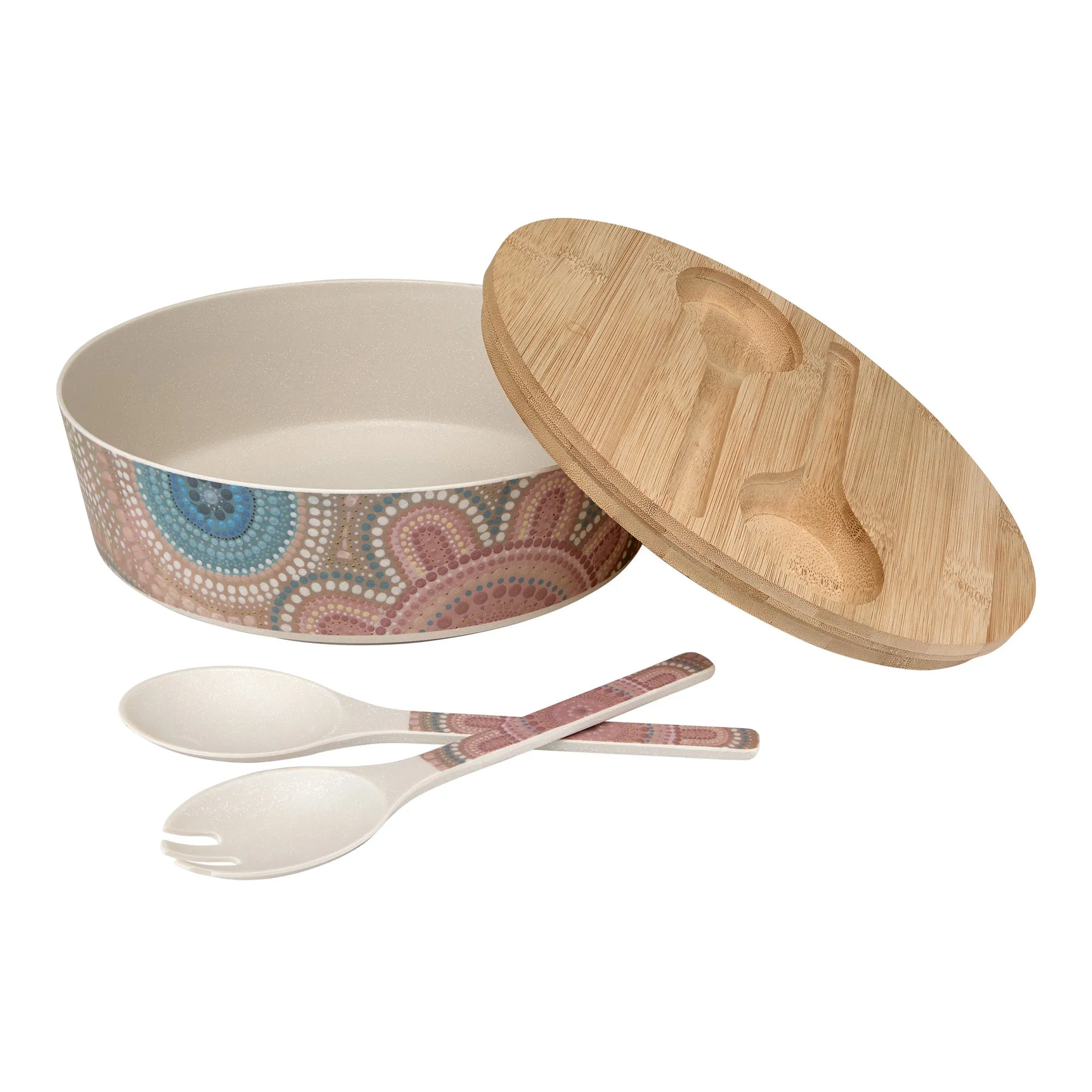 Maxwell & Williams Lou Martin Uplift Melamine Bowl With Lid & Salad Servers - 25cm