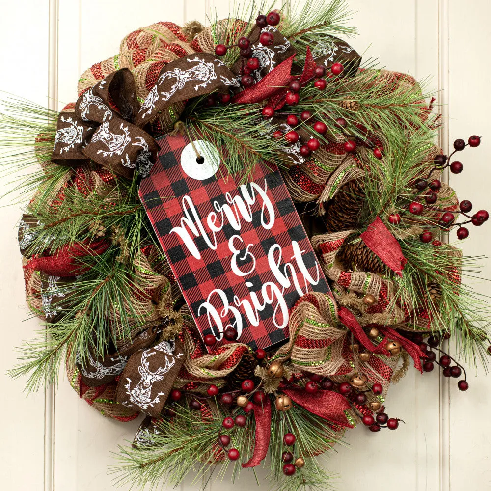 Merry & Bright Plaid Christmas Sign - 12" x 7"