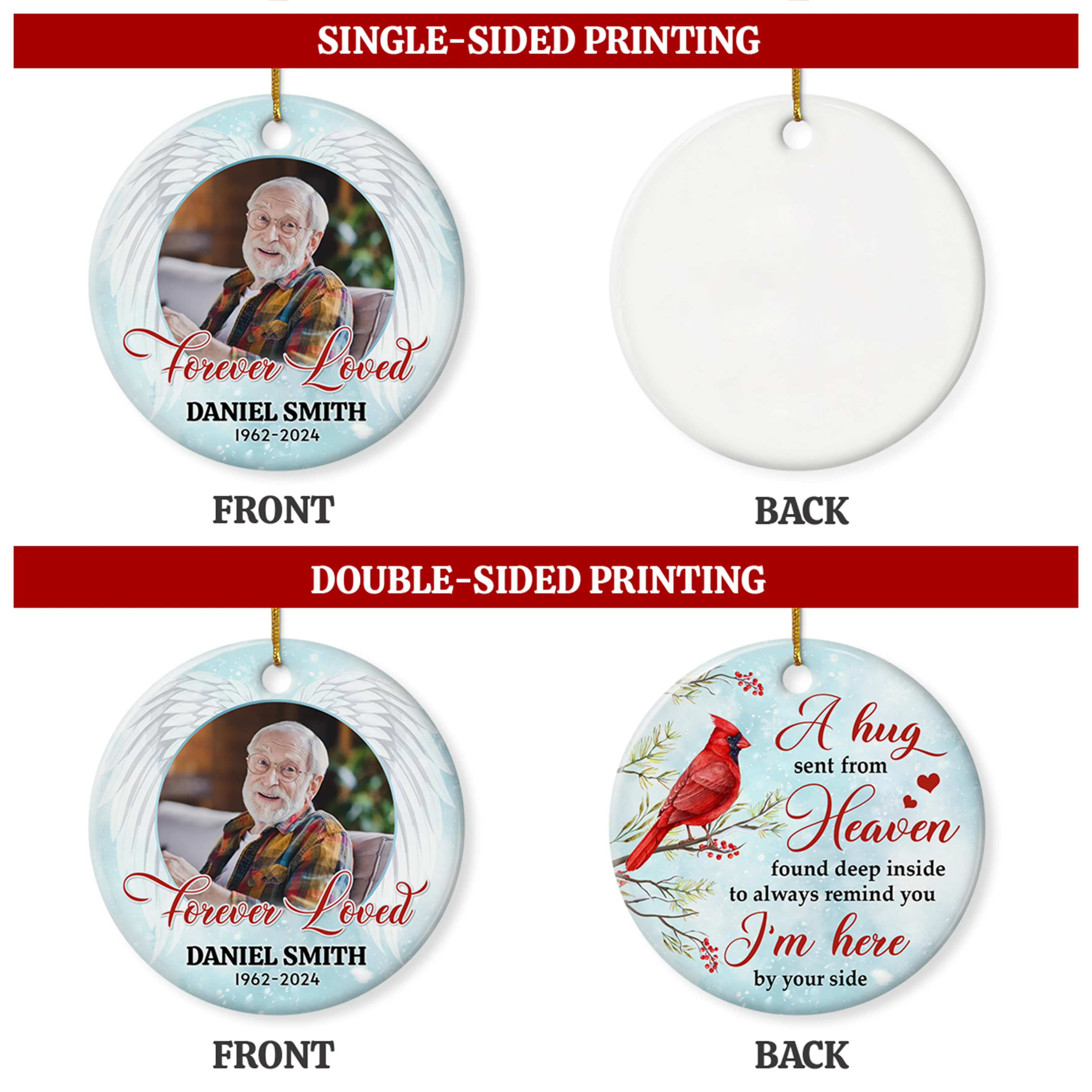 Personalized Memorial Ornaments Custom Photo Picture Cardinal in Loving Memory Double Sided Ceramic Christmas Ornament Sympathy Rememberance Keepsake Lost Loved One Gifts Xmas Tree Decor