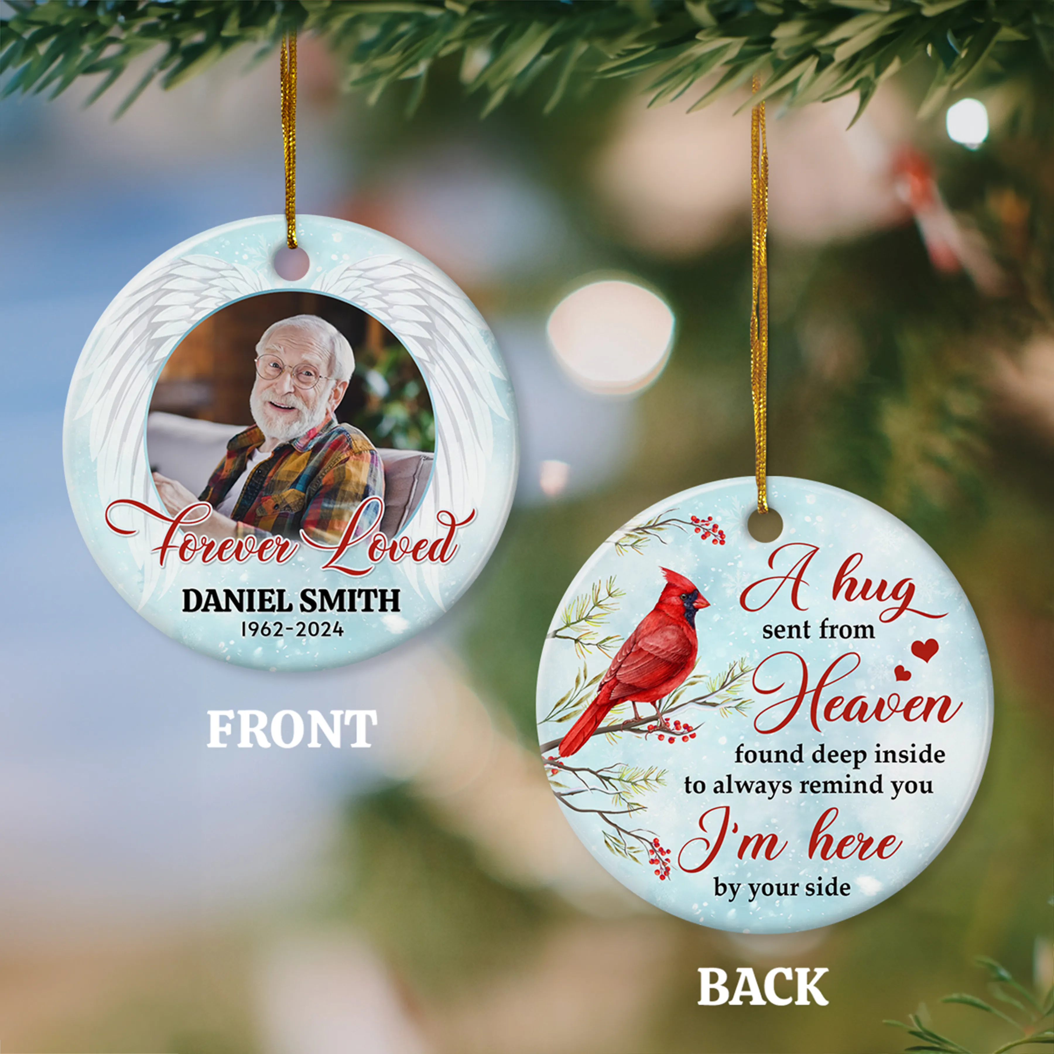 Personalized Memorial Ornaments Custom Photo Picture Cardinal in Loving Memory Double Sided Ceramic Christmas Ornament Sympathy Rememberance Keepsake Lost Loved One Gifts Xmas Tree Decor