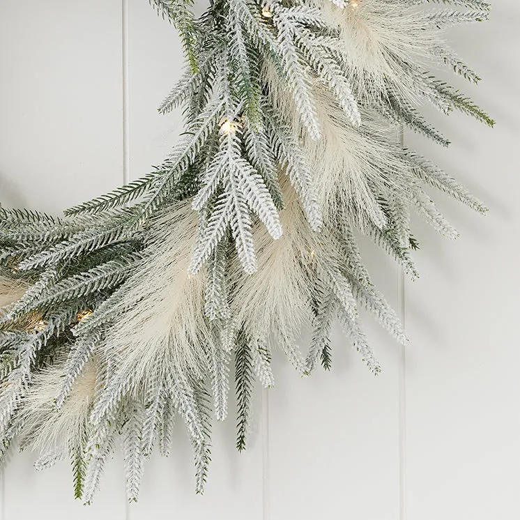 Pine and Pampas Flocked 26in Wreath (Battery-Operated)