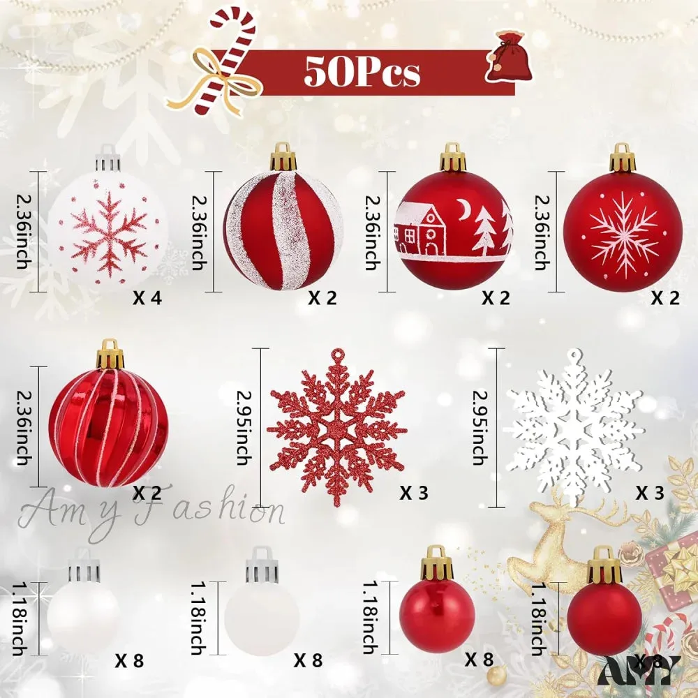 Red & White Christmas Ball Ornaments Set - 50pcs for Xmas Tree, Holiday Party, Wedding, Home Decor