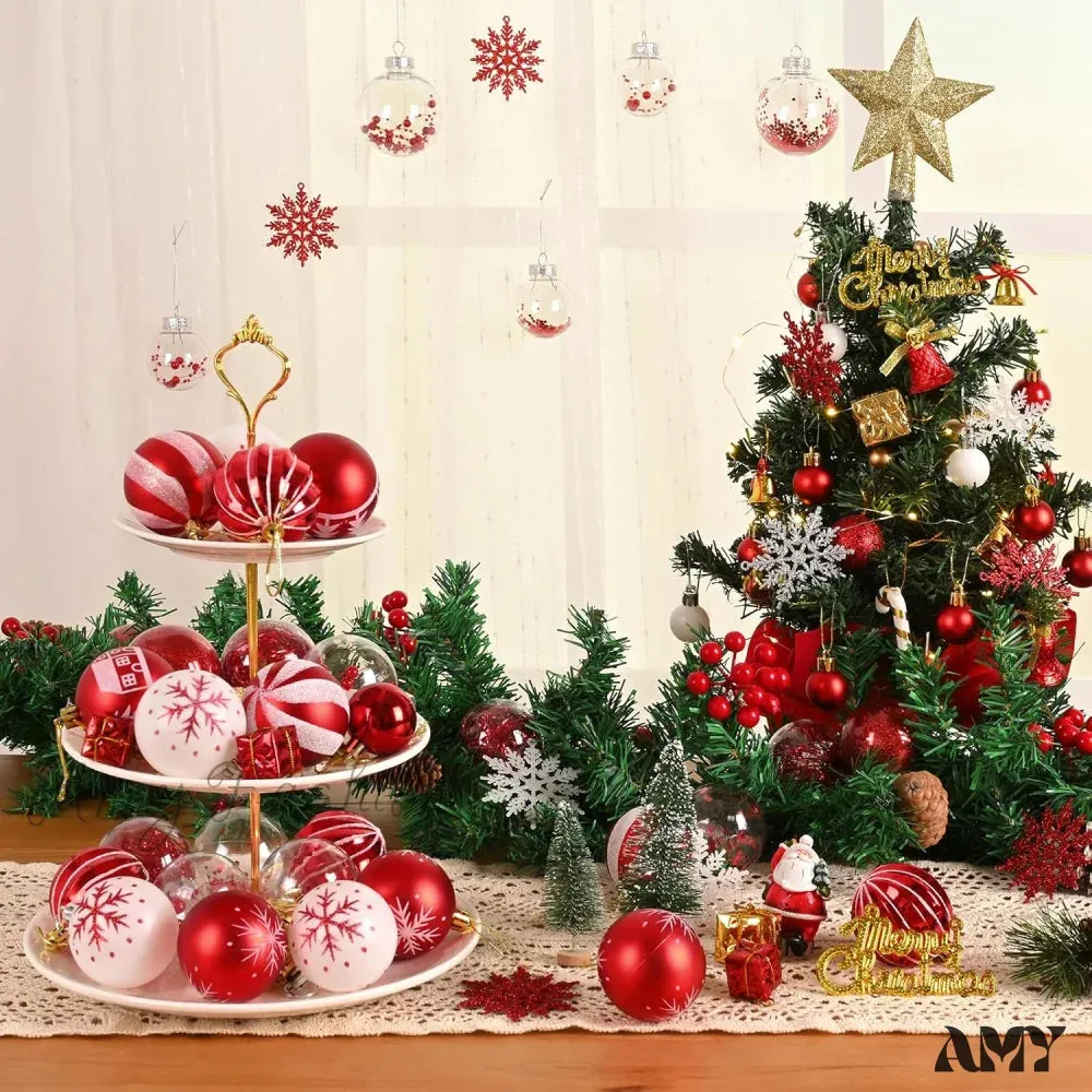 Red & White Christmas Ball Ornaments Set - 50pcs for Xmas Tree, Holiday Party, Wedding, Home Decor